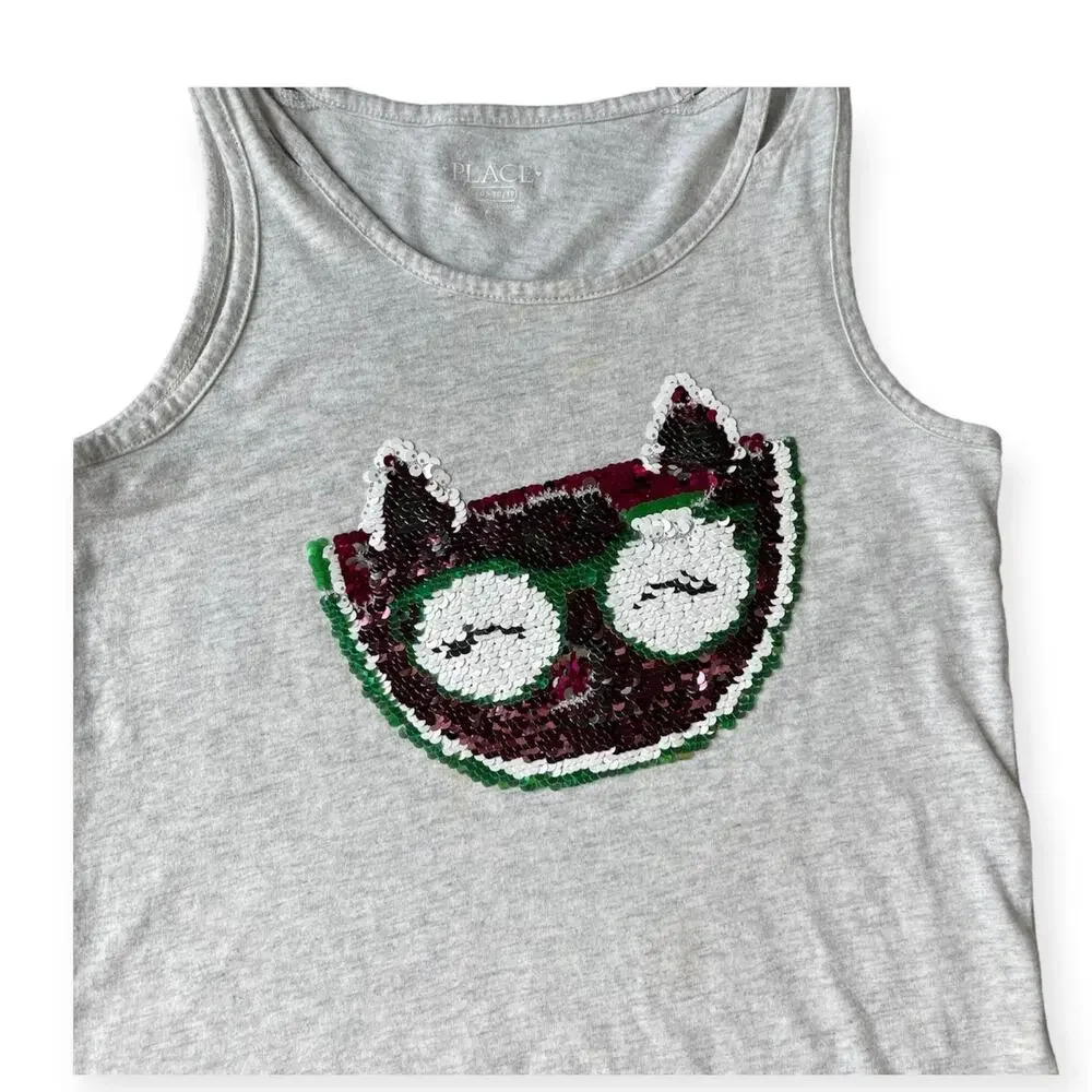 Girls L 10-12 Children's Place Gray Sleeveless Sequin Watermelon Cat Tank Top